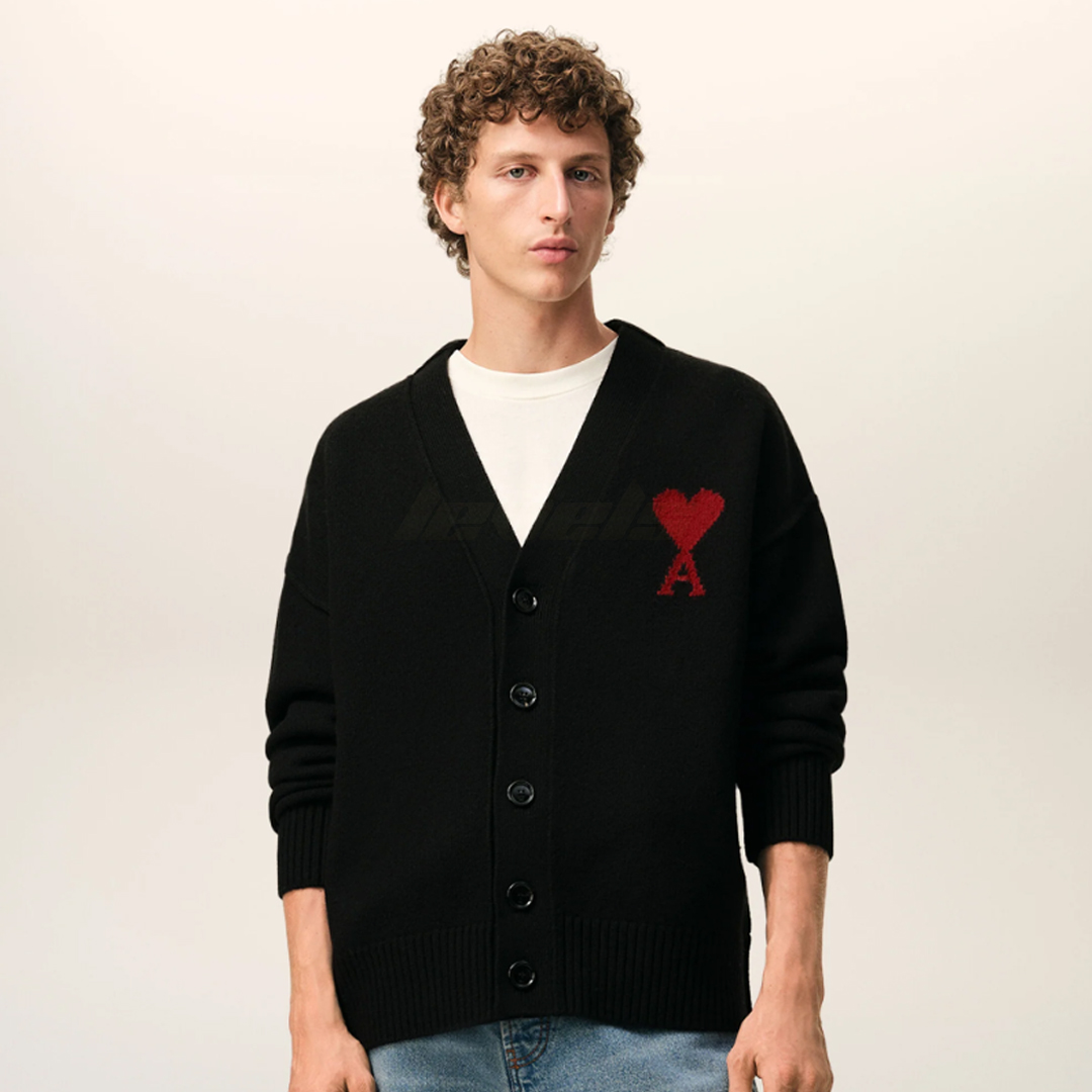 AMI Paris Contrasted Ami De Coeur Wool Cardigan Black