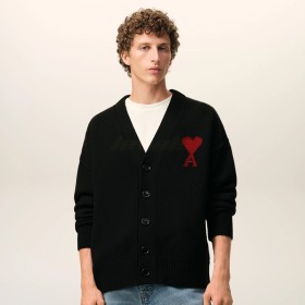 AMI Paris Contrasted Ami De Coeur Wool Cardigan Black