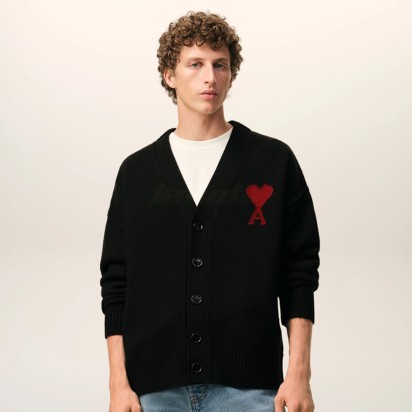 AMI Paris Contrasted Ami De Coeur Wool Cardigan Black