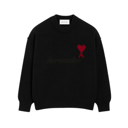 AMI Paris Crewneck Contrasted Ami De Coeur Wool Sweater Black