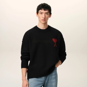 AMI Paris Crewneck Contrasted Ami De Coeur Wool Sweater Black