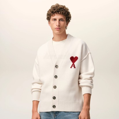 AMI Paris Contrasted Ami De Coeur Wool Cardigan Off White