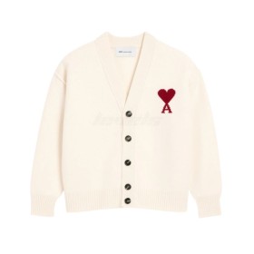 AMI Paris Contrasted Ami De Coeur Wool Cardigan Off White