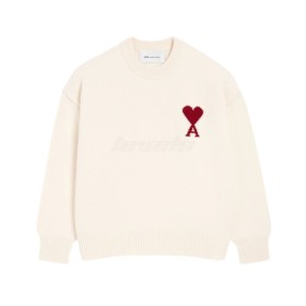 AMI Paris Crewneck Contrasted Ami De Coeur Wool Sweater Off White