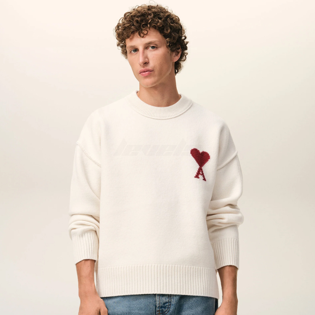 AMI Paris Crewneck Contrasted Ami De Coeur Wool Sweater Off White