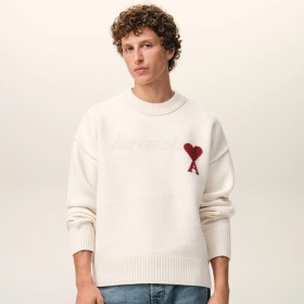 AMI Paris Crewneck Contrasted Ami De Coeur Wool Sweater Off White