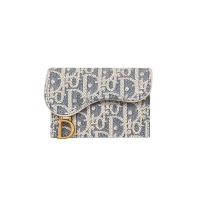 Dior Saddle Bloom Card Holder Blue Dior Oblique Chambray with Raffia Effect