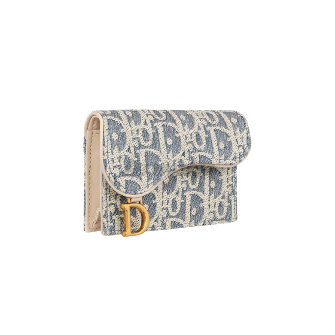 Dior Saddle Bloom Card Holder Blue Dior Oblique Chambray with Raffia Effect