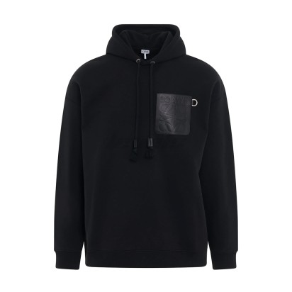Loewe Anagram Logo Leather Patch Pocket Relaxed Fit Hoodie Black